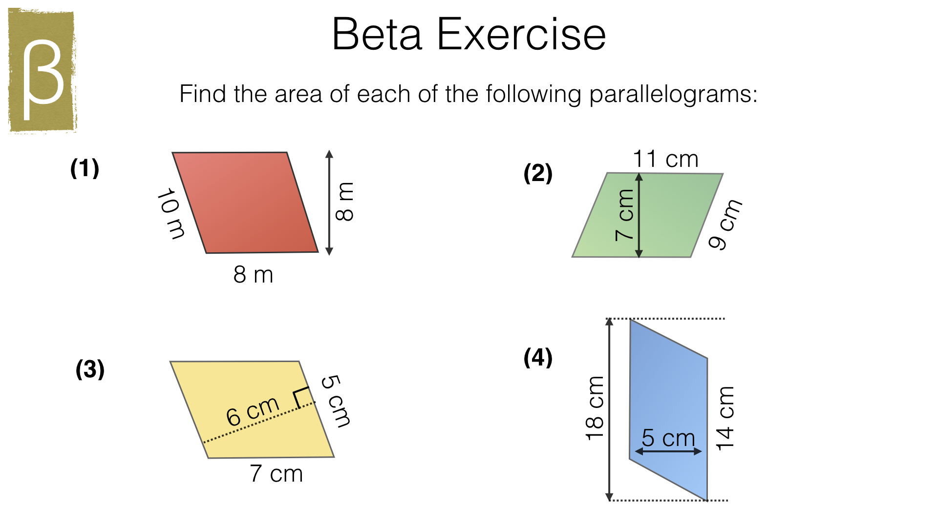 G16b – Area of a parallelogram – BossMaths.com